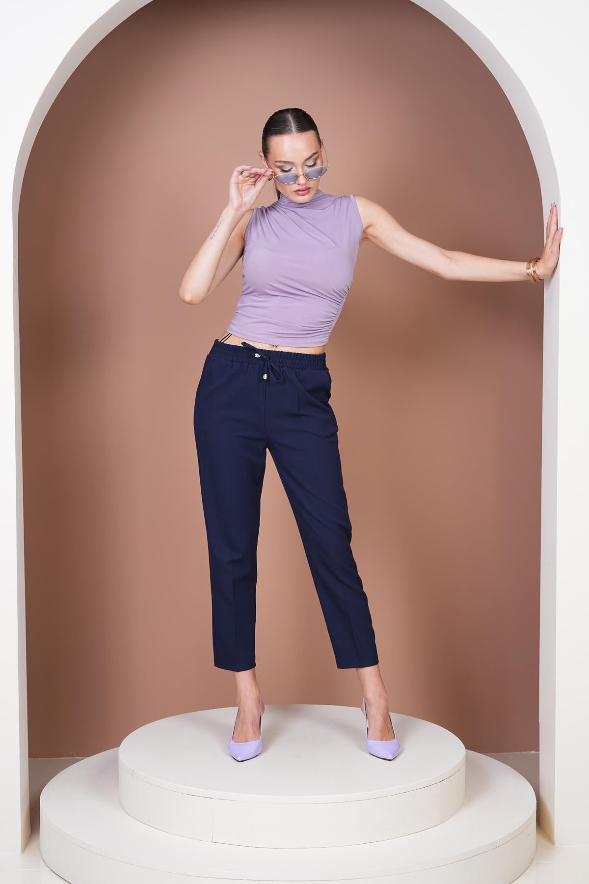 Beli Lastikli Havuç Pantalon-Lacivert