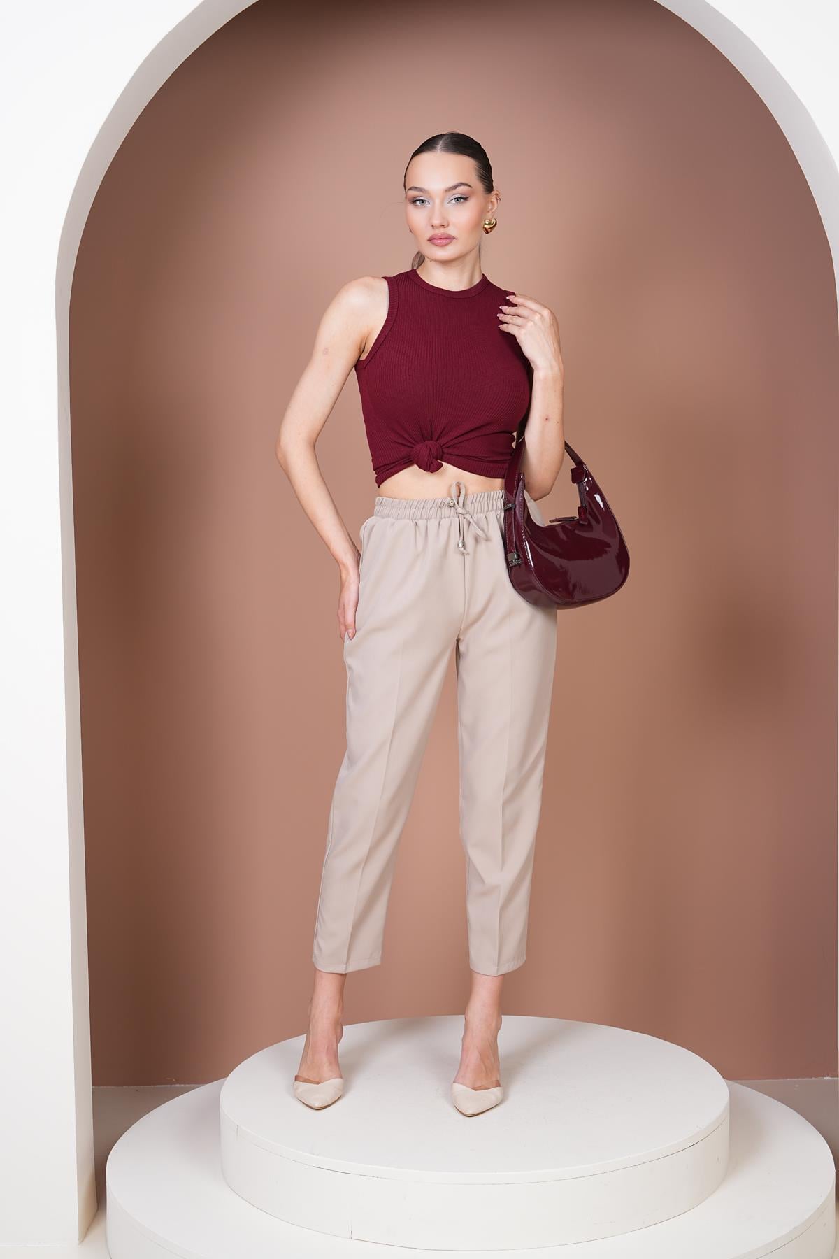 Beli Lastikli Havuç Pantalon-Taş Rengi