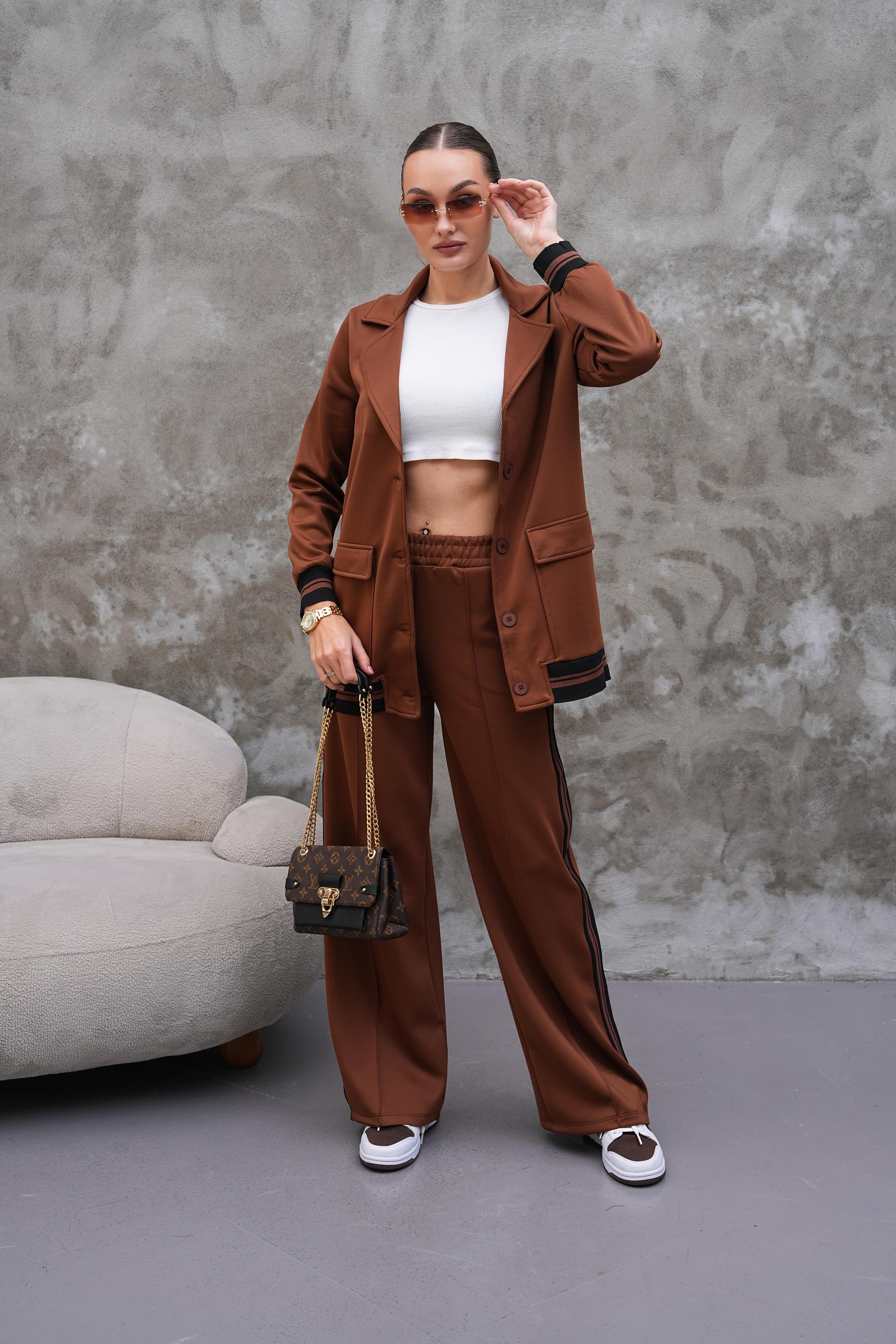 Blazer Ceketli Ribanalı Eşofman-Kahverengi Takım