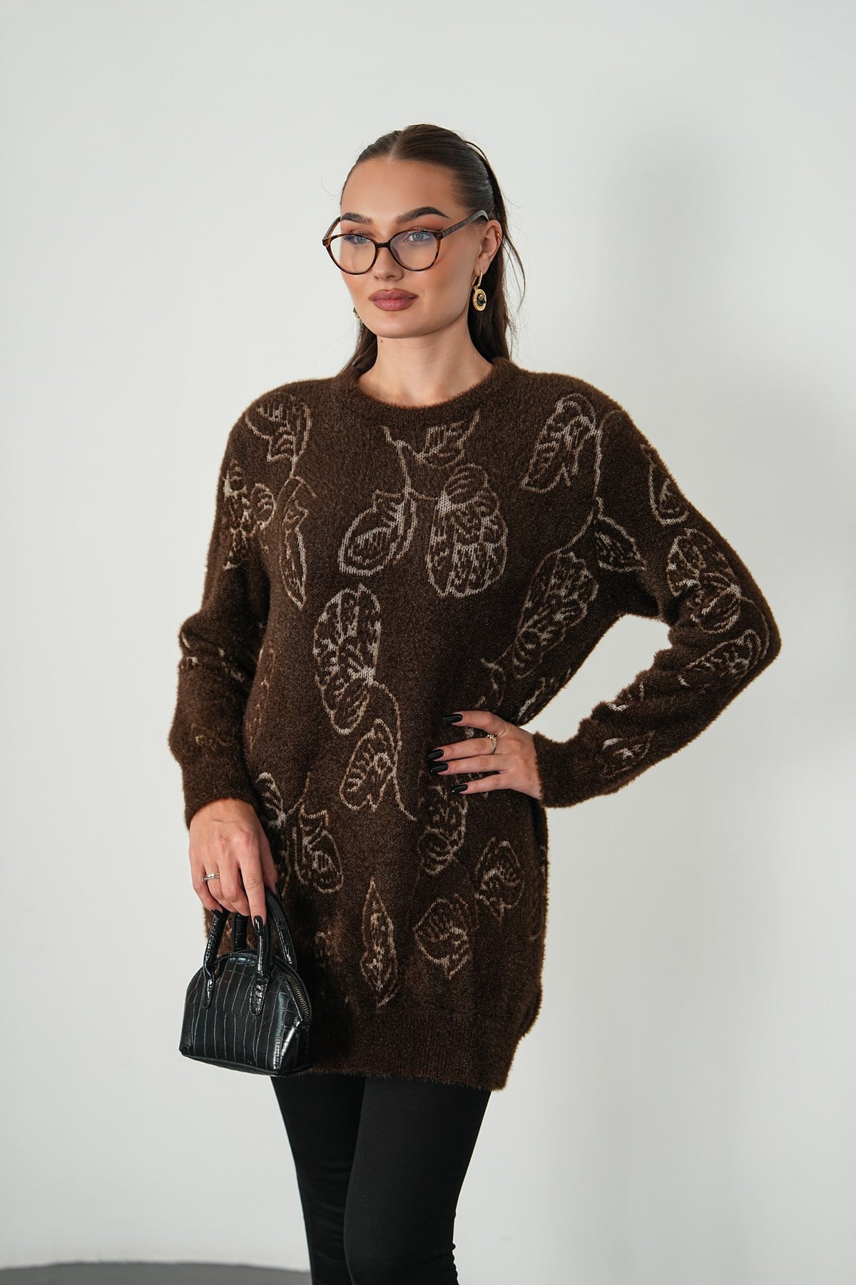 Desenli Angora Tunik  Kazak-Kahverengi