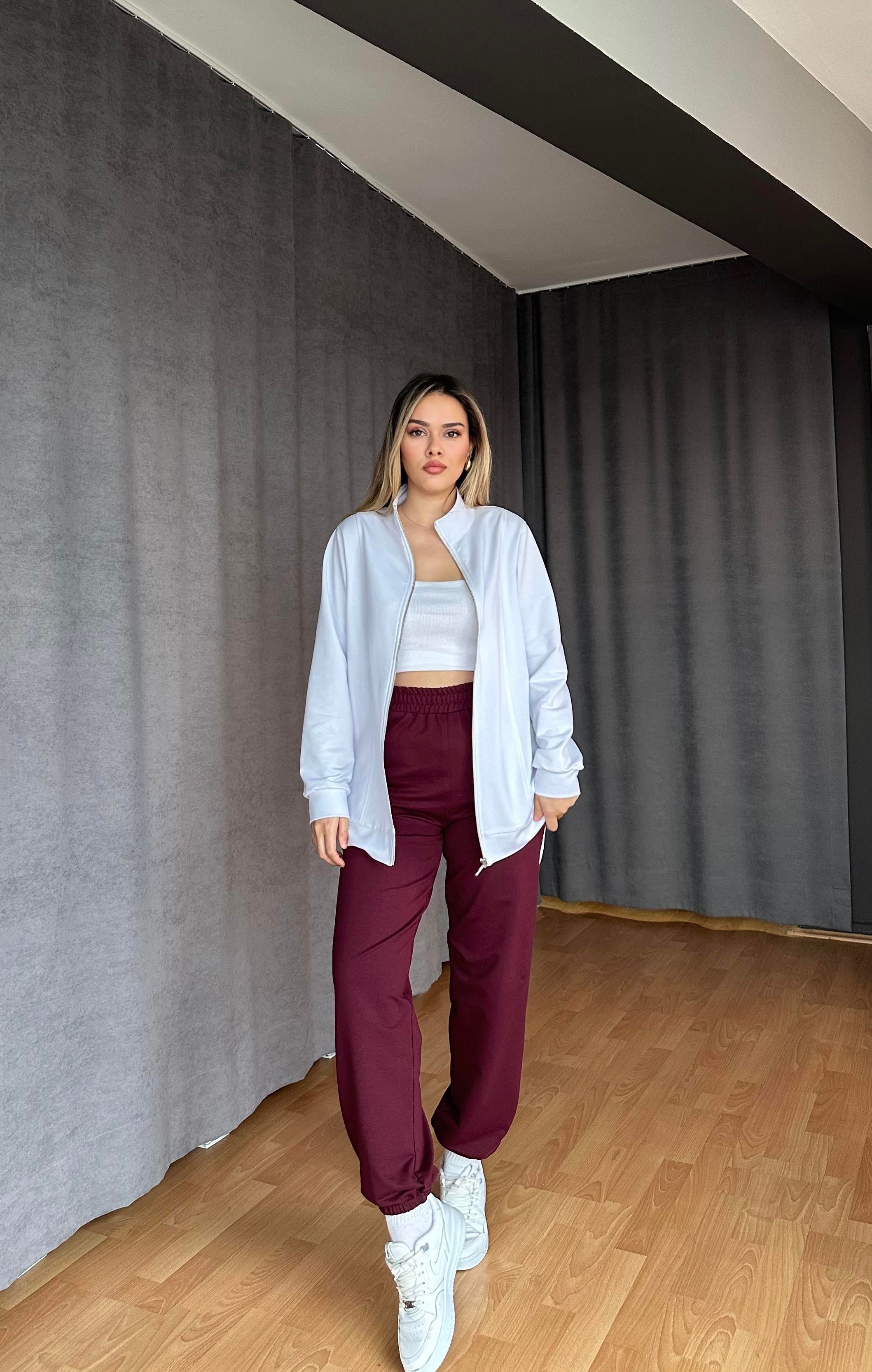 Eşofman Takım İki İplik Beyaz Sweat Ceket - Bordo
