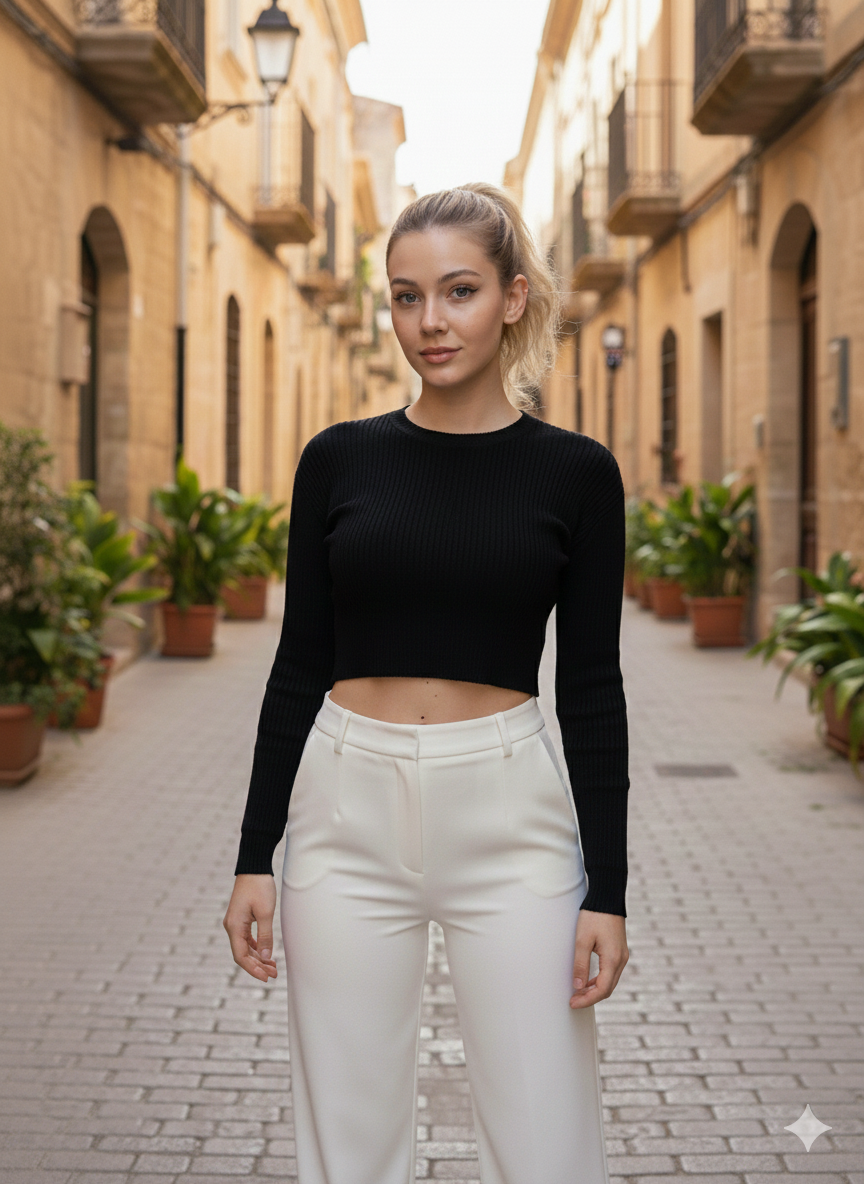 Fitilli Triko Crop - Siyah