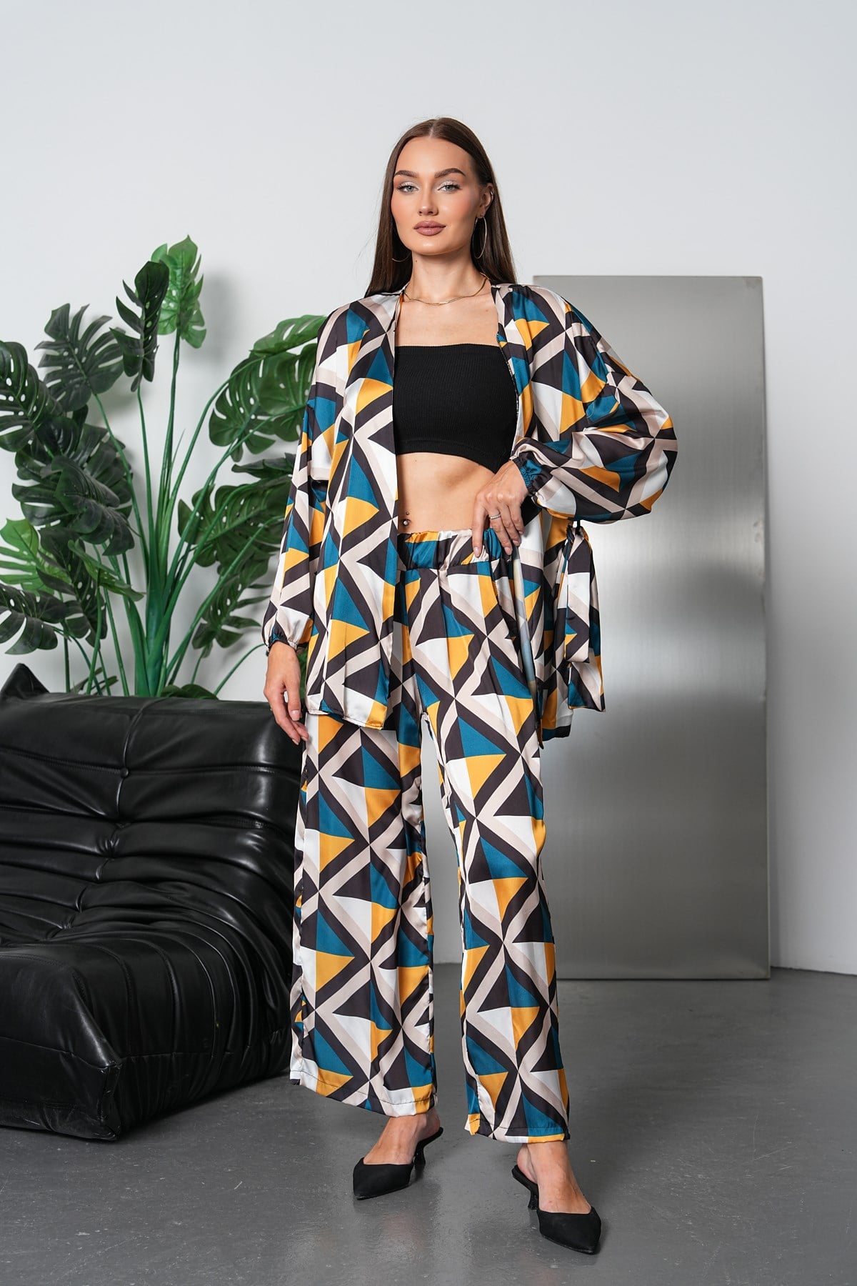 Geometrik Desen Saten Kimono Takım