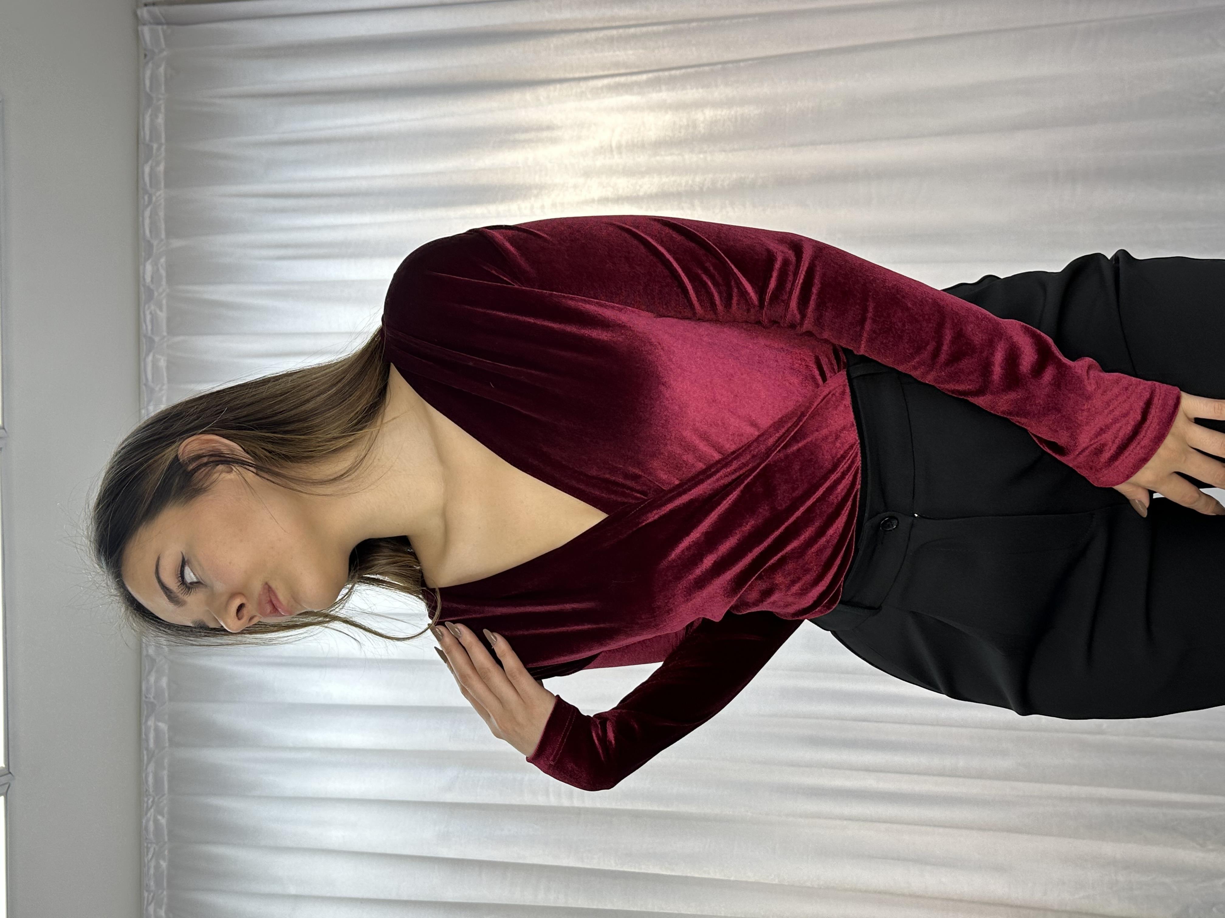 Kadife Zıbınlı Bluz Bordo-Paris