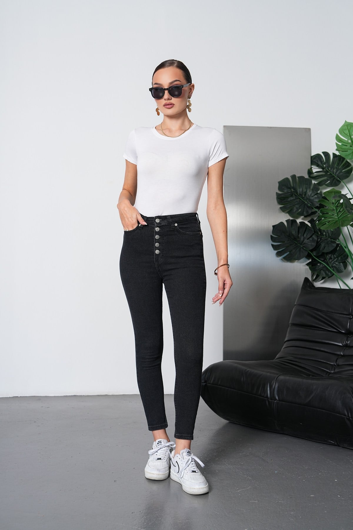 Love Me Premium Ultra Yüksek Bel Düğmeli Ultra Likralı  Skinny Jean  Koyu Antrasit-İsveç