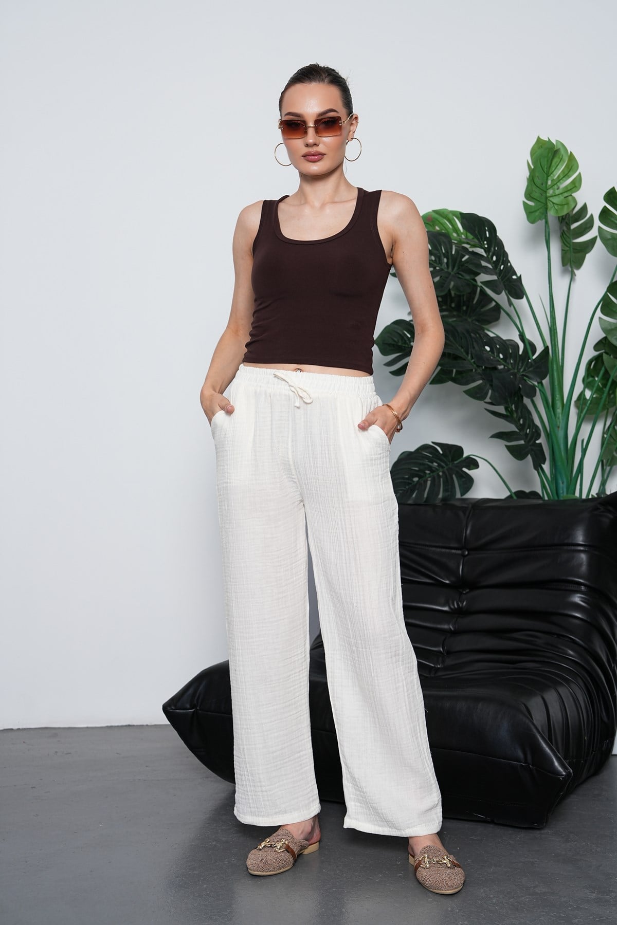 Müslim Organik Kumaş  Pantalon-Ekru