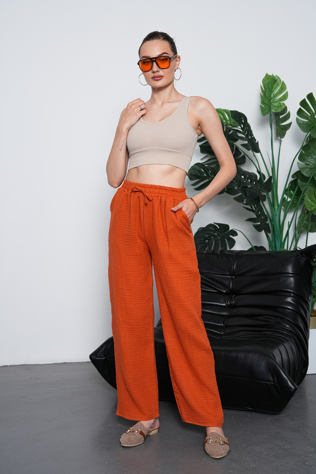 Müslim Organik Kumaş  Pantalon-Turuncu