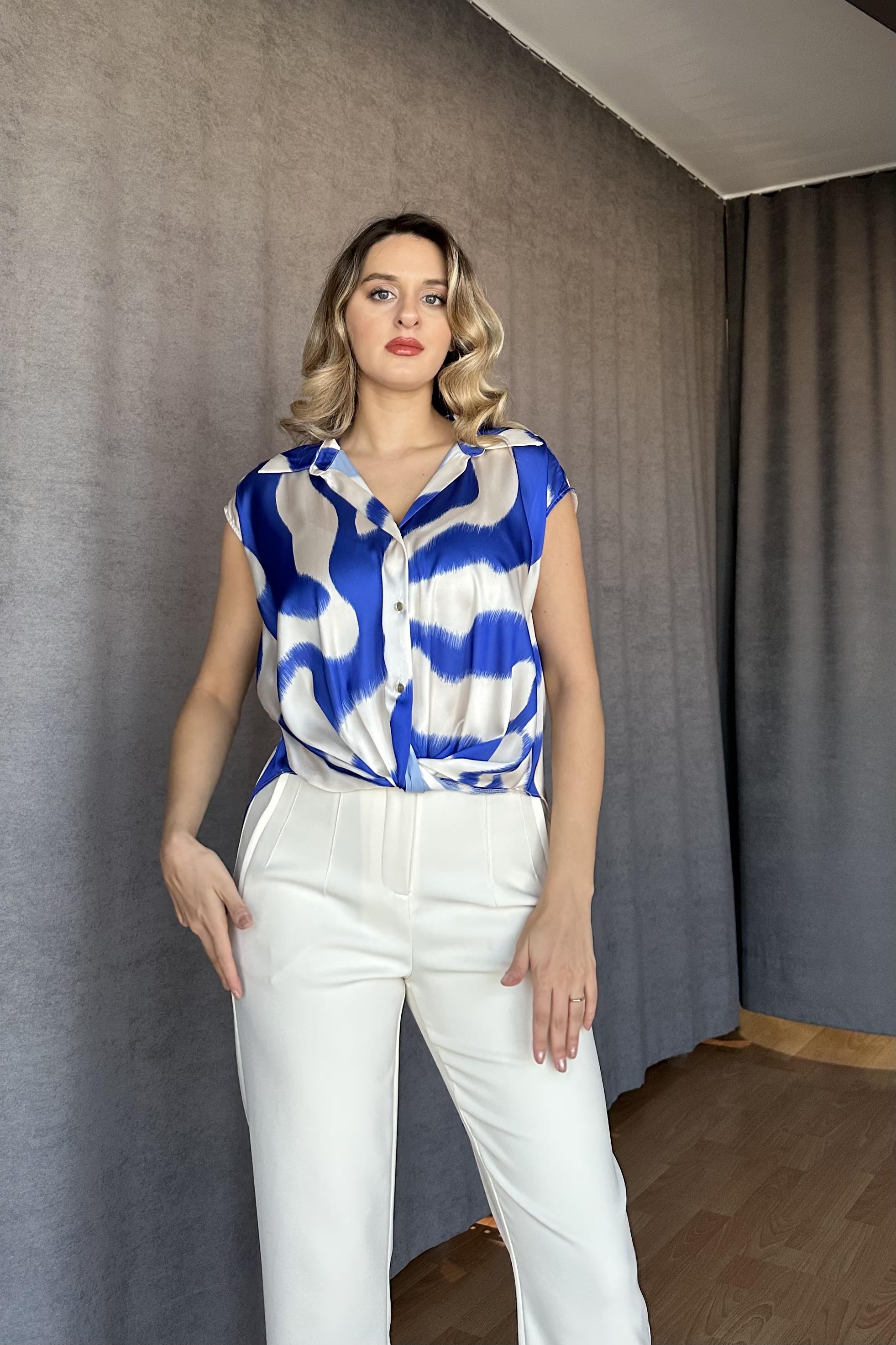 Önü Düğüm Modeli Saten Bluz Ekru Mavi-İstanbul