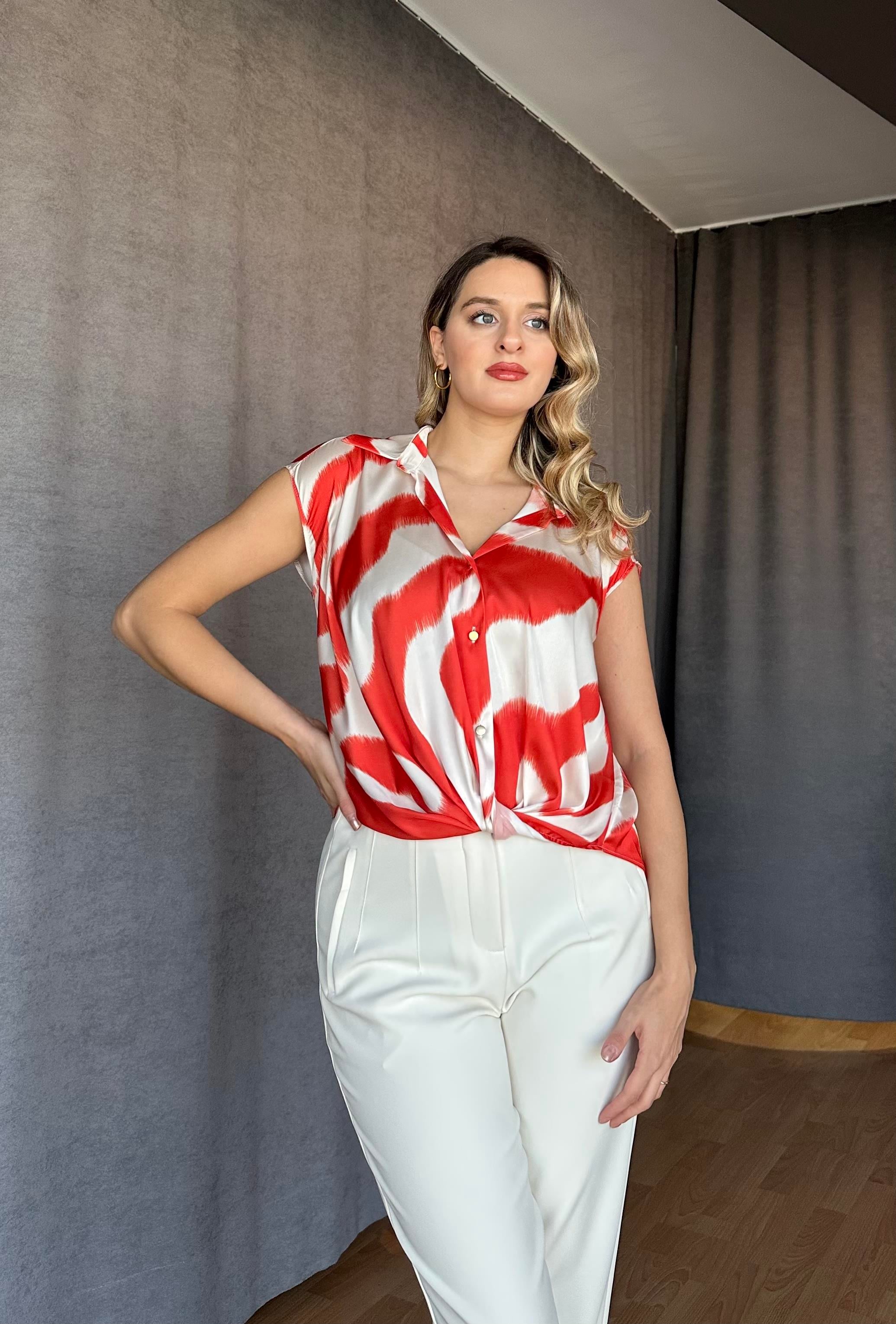 Önü Düğüm Modeli Saten Bluz Ekru Turuncu-İstanbul