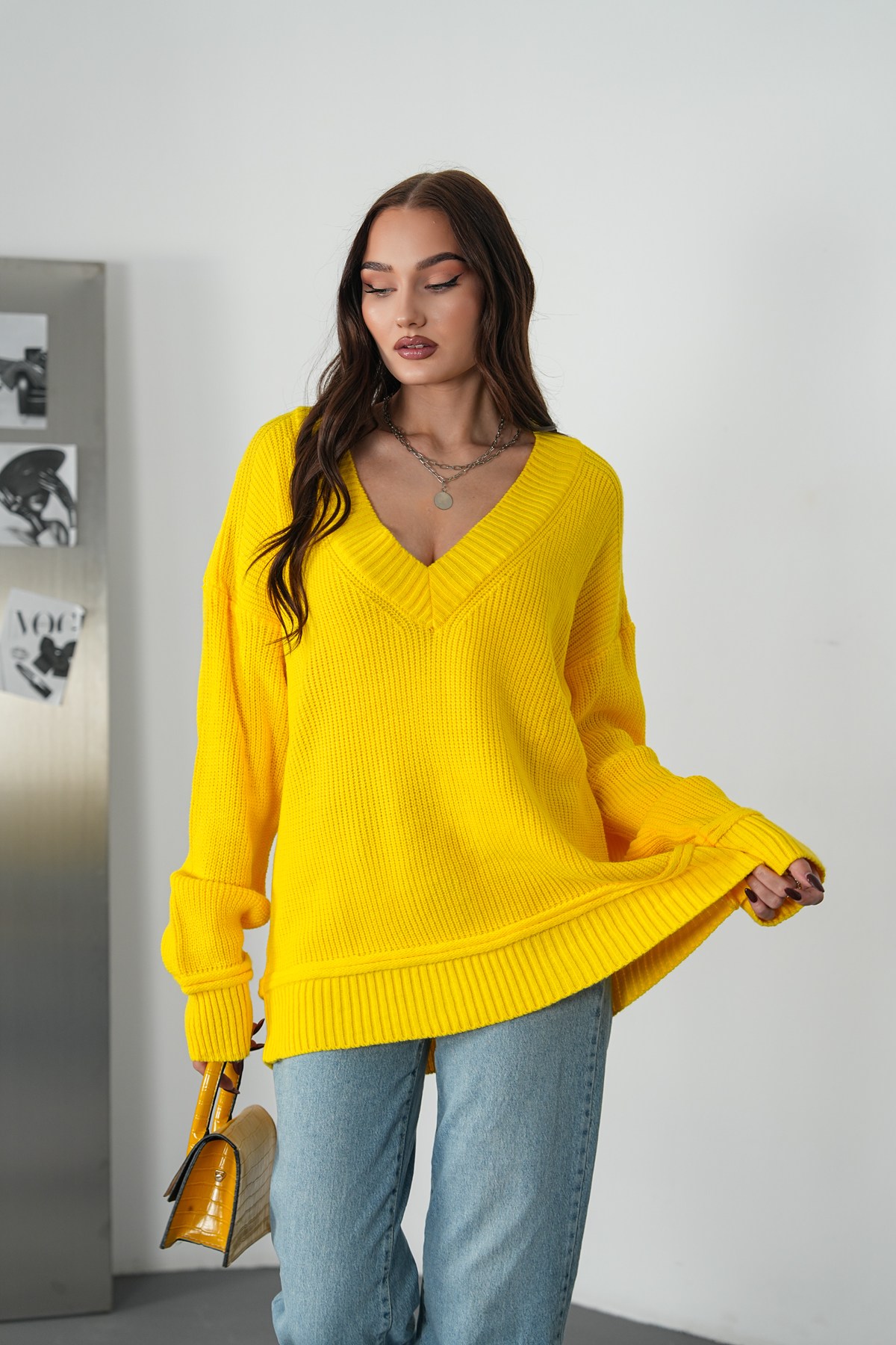 Selanik Örme V Yaka Oversize Kazak