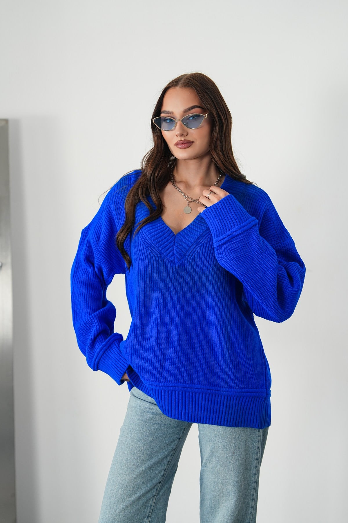 Selanik Örme V Yaka Oversize Kazak