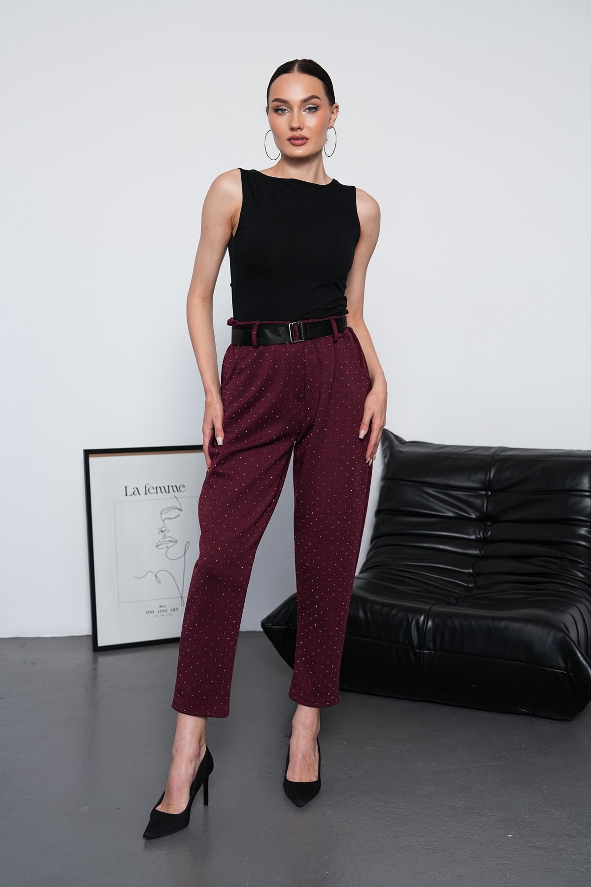 Taşlı Kemerli Havuç Pantalon-Bordo