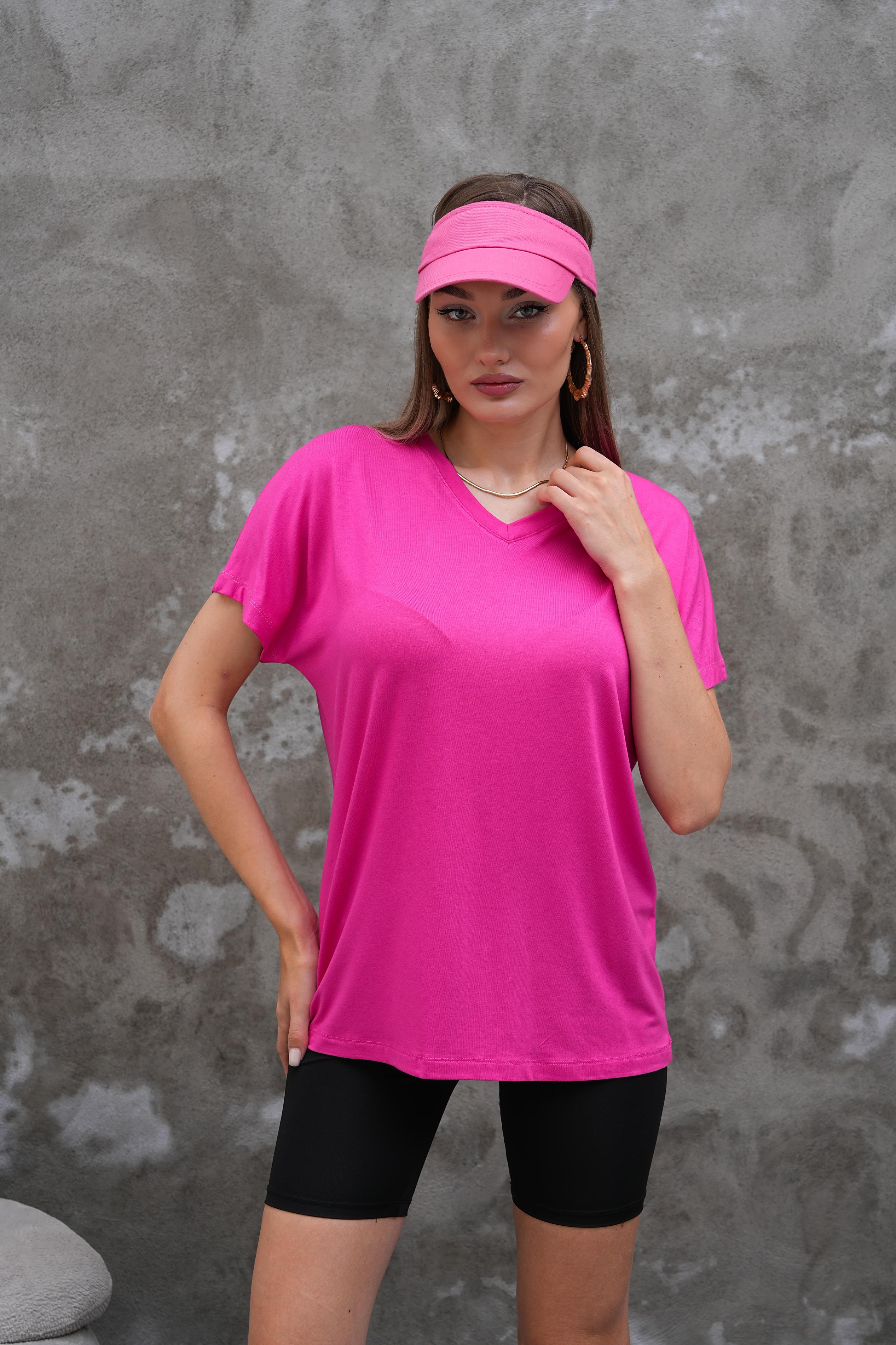V Yaka Bambu Viskon T-Şhirt-Fuşya Pembe