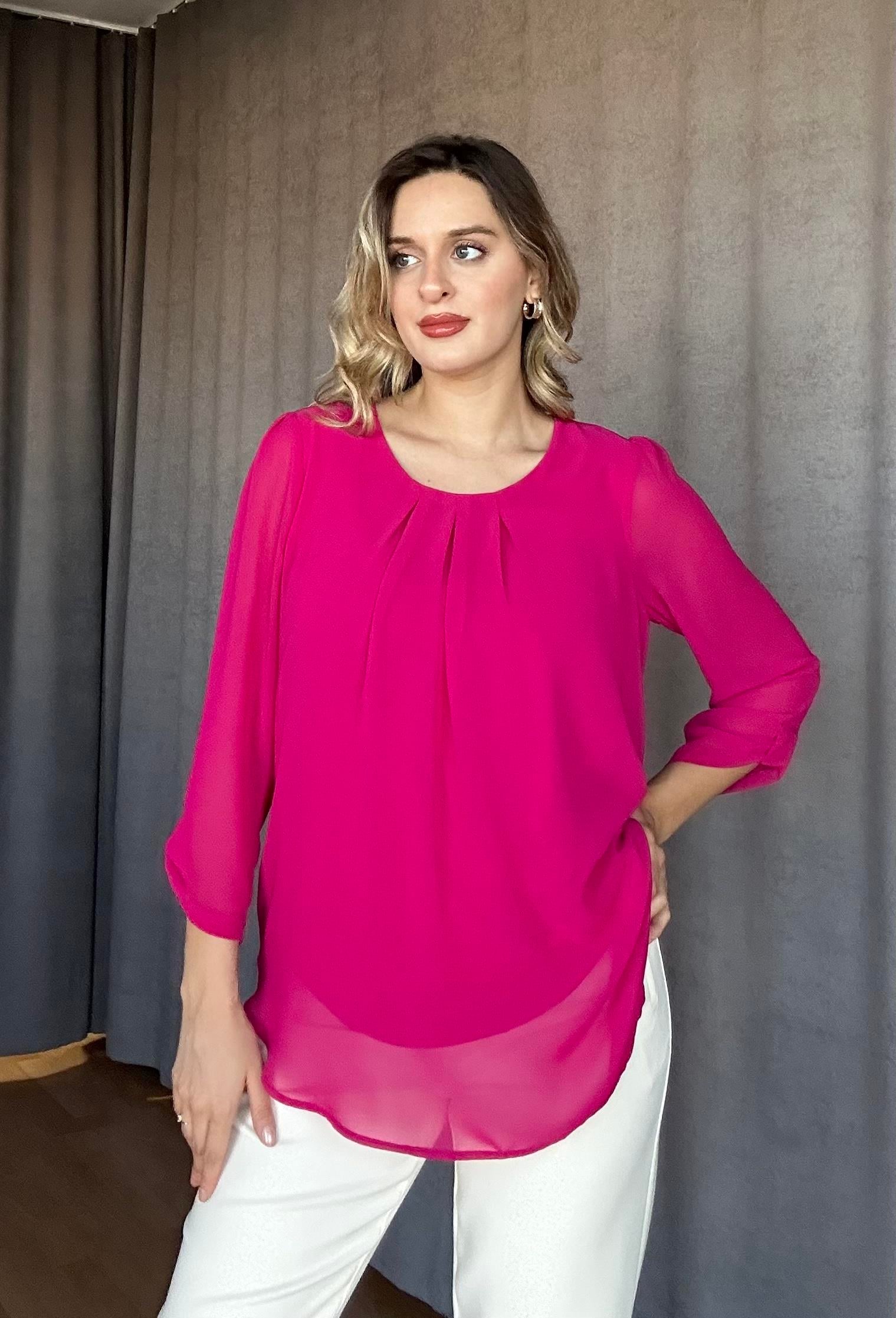 Yaka Pileli Şifon Bluz Pembe-Norveç