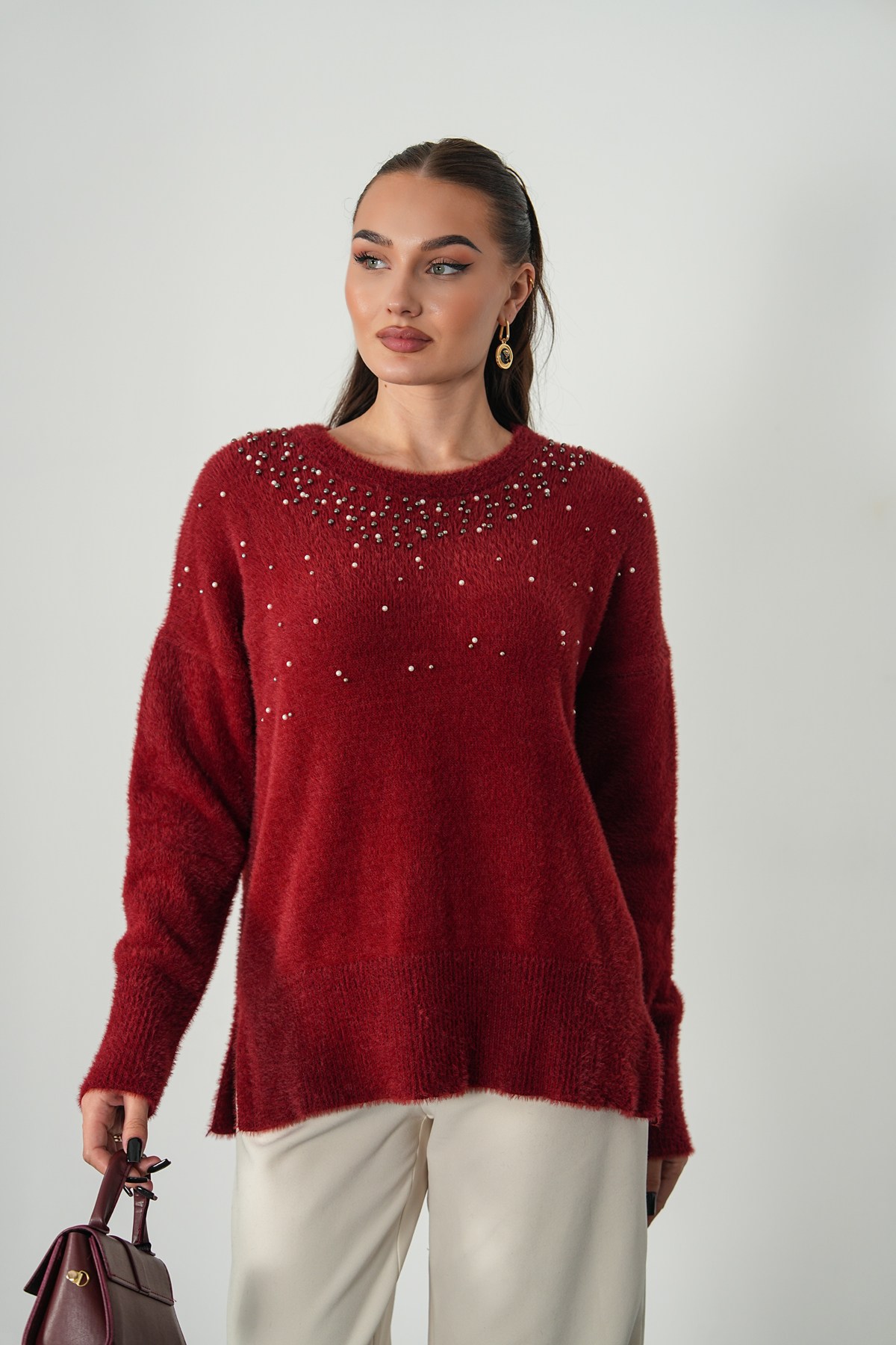 Yaka Taş İşlemeli Angora Tunik Kazak