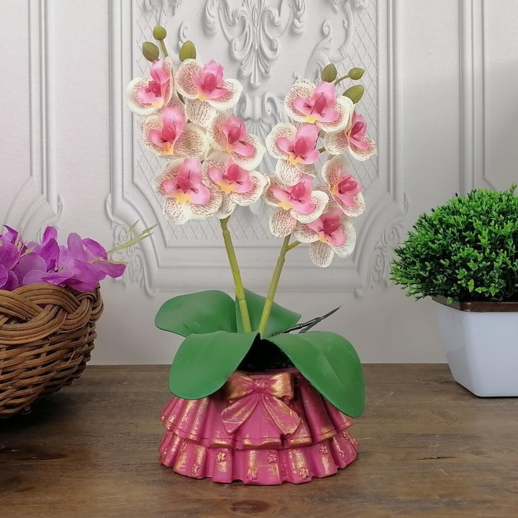 Beton Saksılı Yapay Orkide Pileli Etek Saksılı Pembe Açık Mini Yapay Orkide