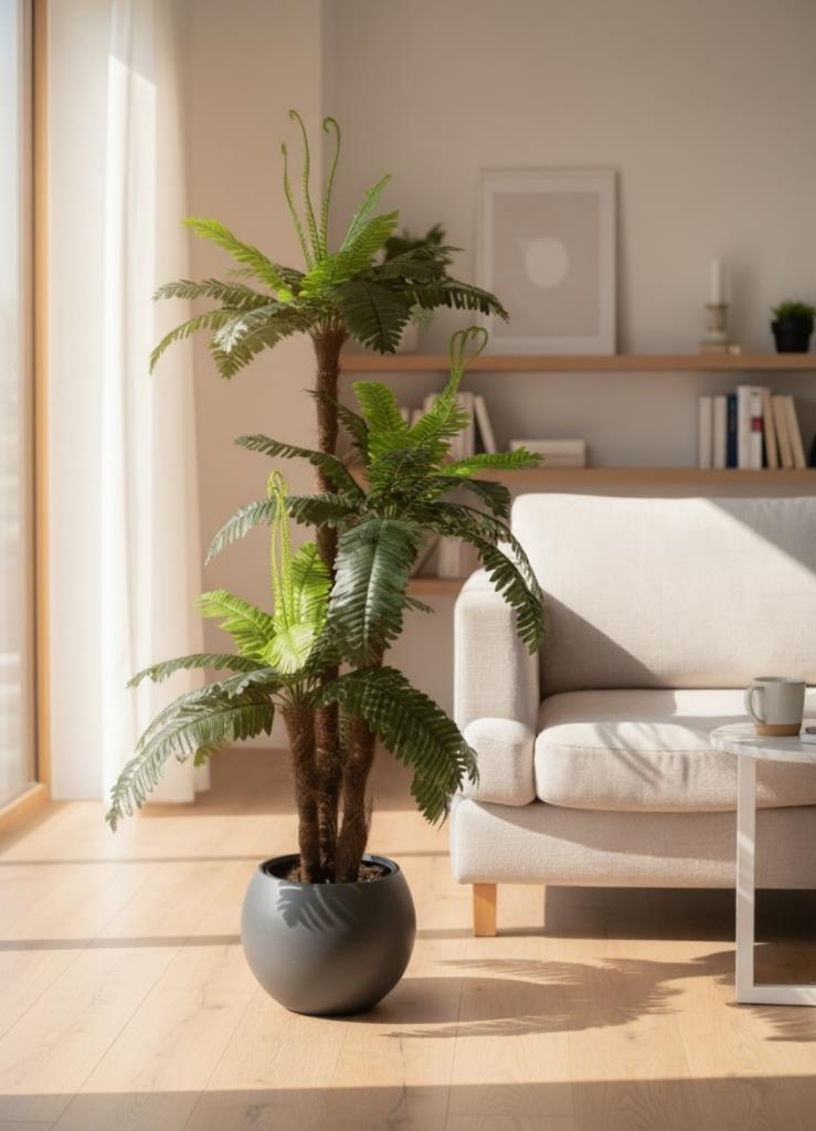 Yapay Ağaç Sıkas Palmiye Ağacı Antrasit Küre Saksıda 120*50cm 45 Yapraklı