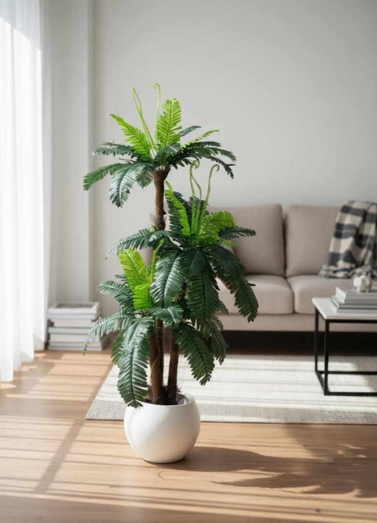 Yapay Ağaç Sıkas Palmiye Ağacı Beyaz Küre Saksıda 120*50cm 45 Yapraklı