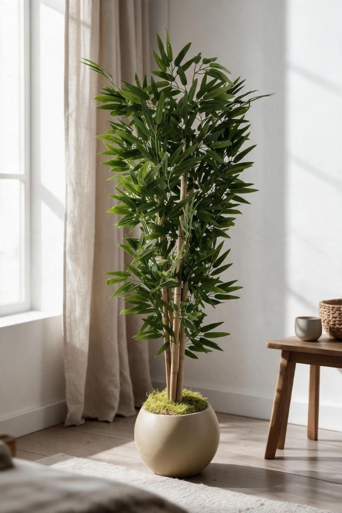 Yapay Bambu Ağacı 4 Dallı 125cm Yoğun Yapraklı Mokka Küre Saksıda