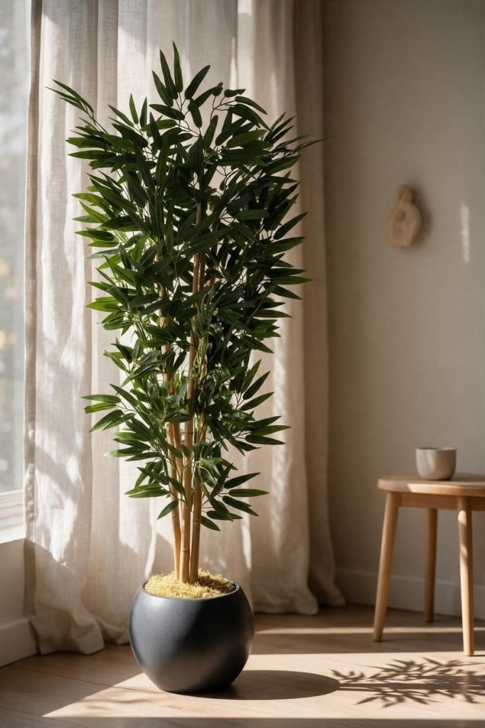 Yapay Bambu Ağacı 4 Dallı 125cm Yoğun Yapraklı Antrasit Küre Saksıda