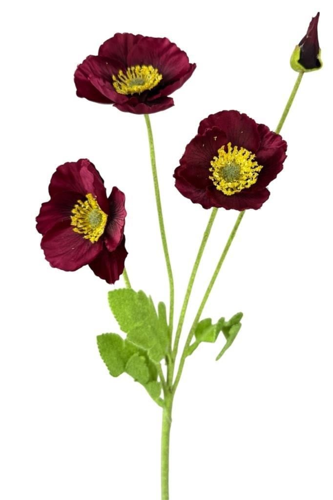 Yapay Çiçek Gelincik Çiçeği Sert Kumaş BORDO Renk 3 Çiçek 1 Tomurcuk 59Cm