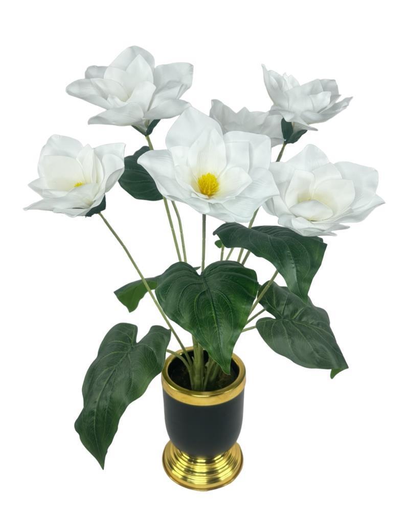 Yapay Çiçek Islak Manolya Çiçeği 6 Çiçekli 65cm Gold Siyah Darbuka Galvaniz Vazoda Salon Çiçeği