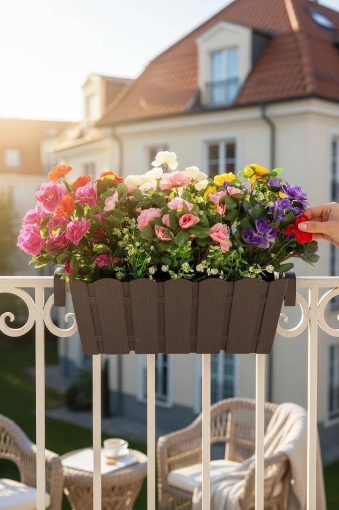 Yapay Çiçek Kahverengi Balkon Saksıda Küpeşte Askılı Açelya Çiçeği Karışık Renkli Çiçek Sepeti 50cm