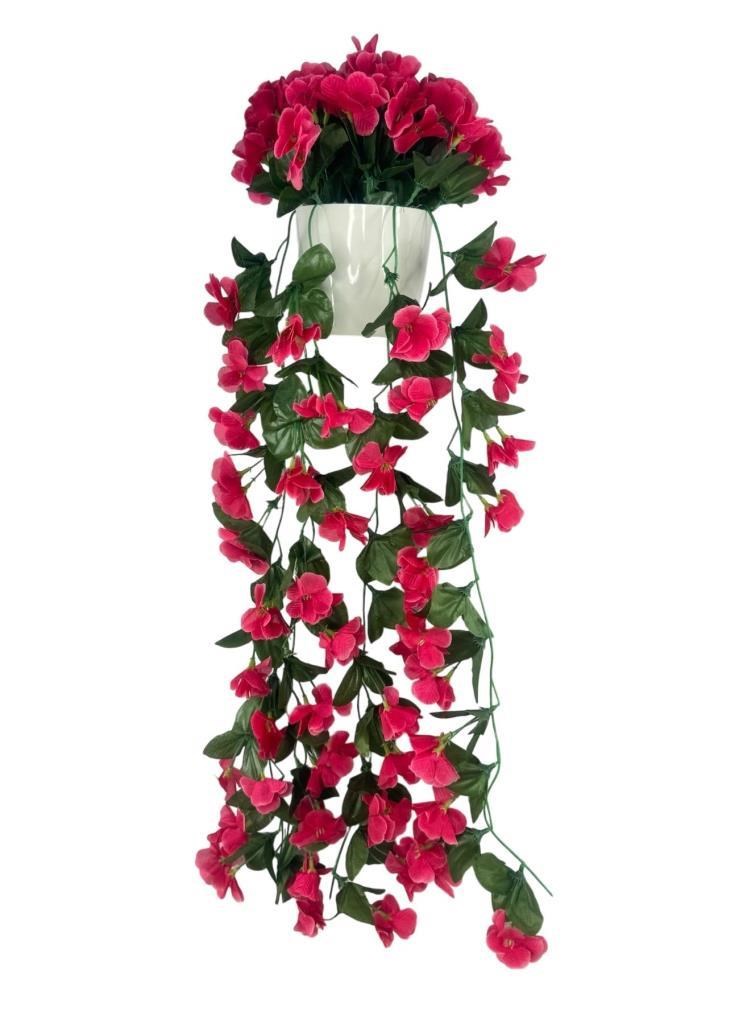 Yapay Çiçek Sarkan Fuşya Menekşe Krem Rengi Saksıda 4 Sarkan Dallı 70cm 