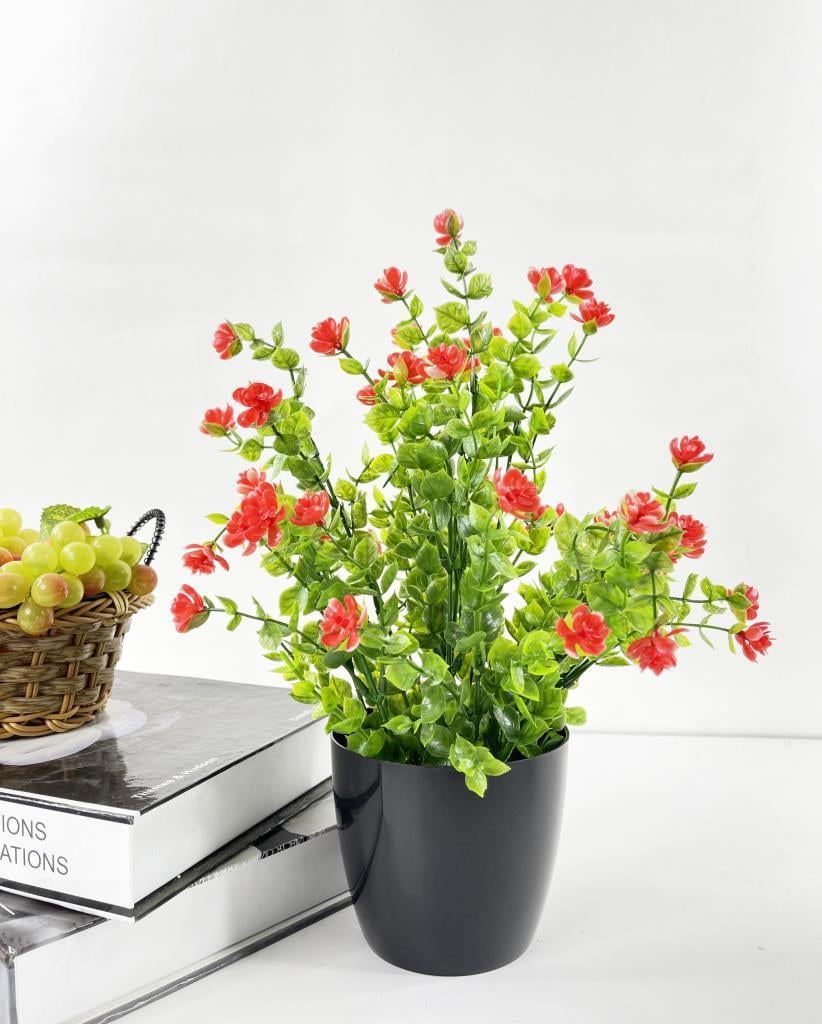 Yapay Çiçek Siyah Saksıda Kırmızı Mineli Şimşir Büyük Boy 33x25 cm