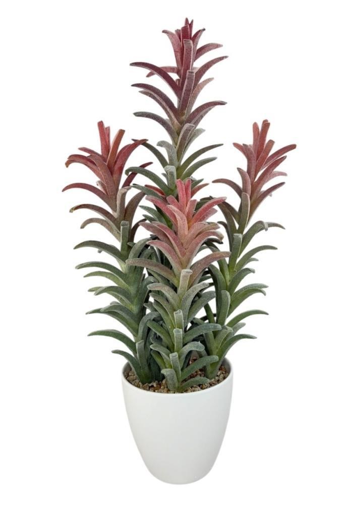 Yapay Kaktüs Ağacı Pembe Yeşil Renk - Beyaz Saksıda Yapay Bitki 55*25cm