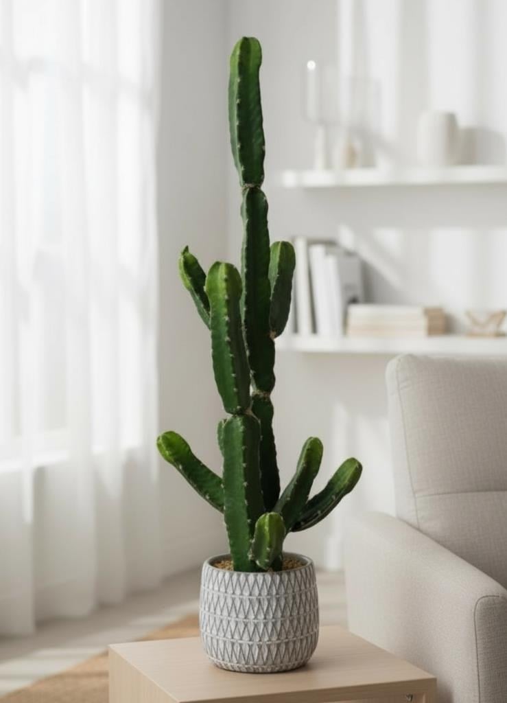 Yapay Kaktüs Euphorbia İngens Şamdan Ağacı Beton Saksıda Yapay Bitki 70cm
