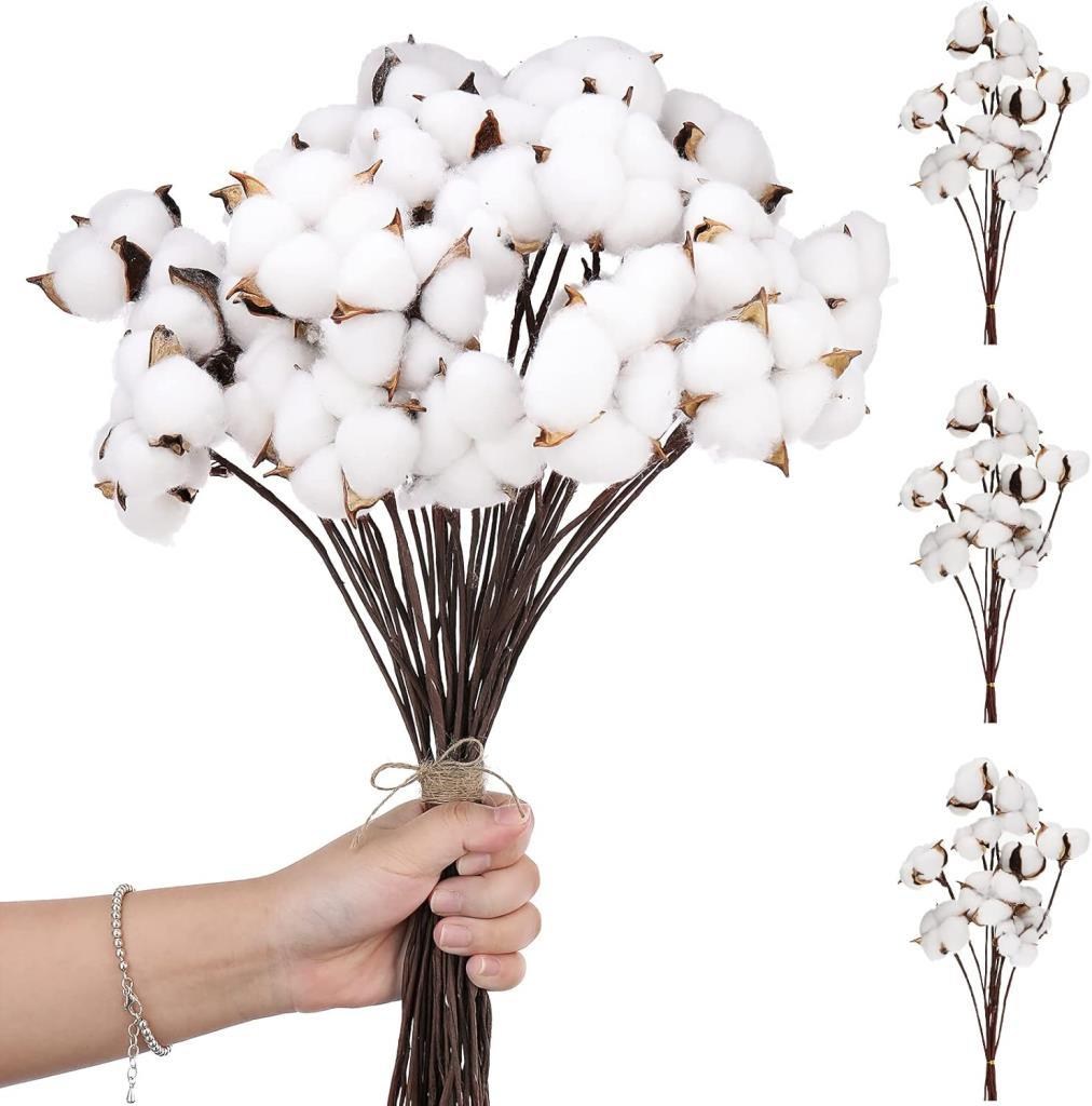 3lü Set Doğal Pamuk Çiçeği 30 Adet Tekli Dal Kuru Çiçek 30cm Yapay Çiçek
