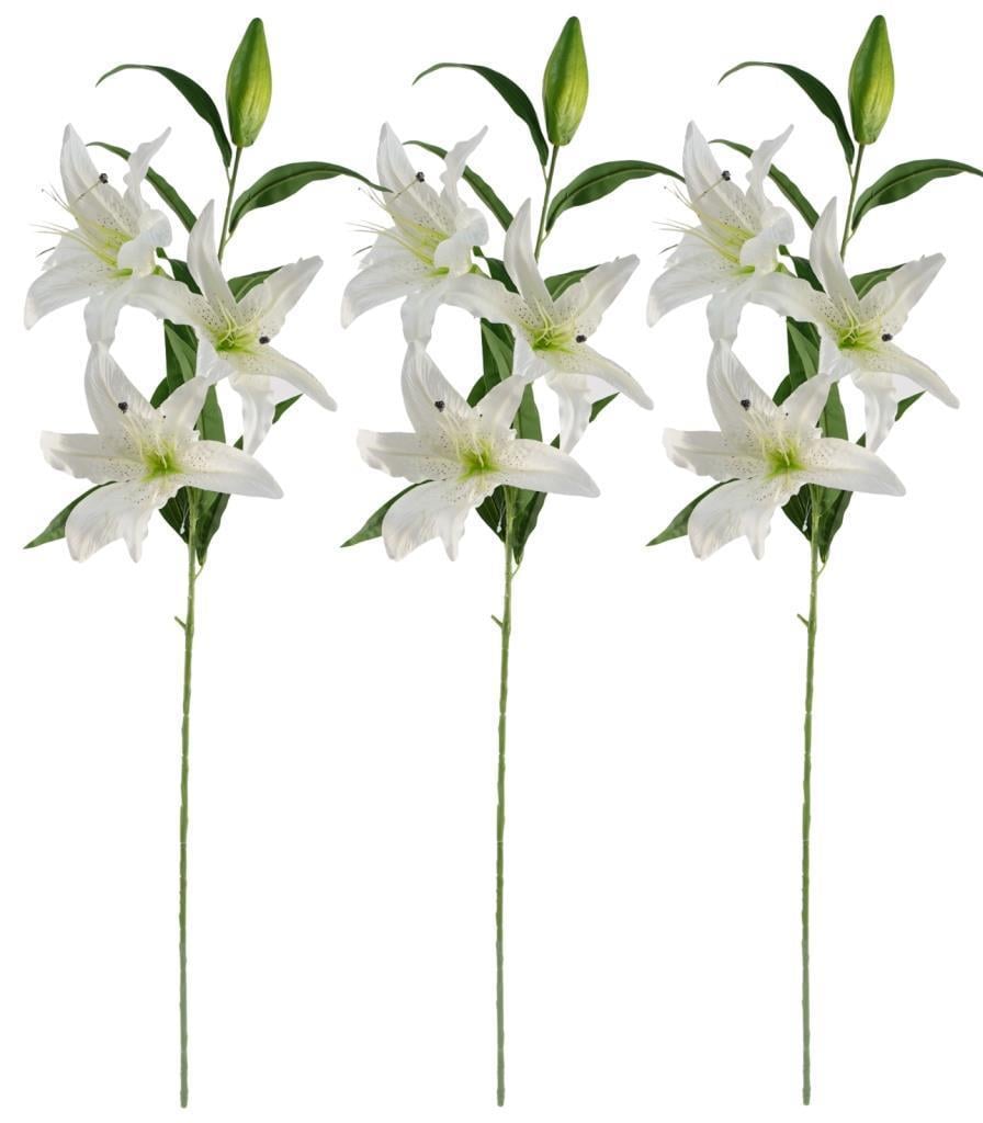 3lü Set Yapay Çiçek Beyaz Lilyum 3 Kafalı Uzun Dal Çiçek Zambak Lily Flowers 80cm