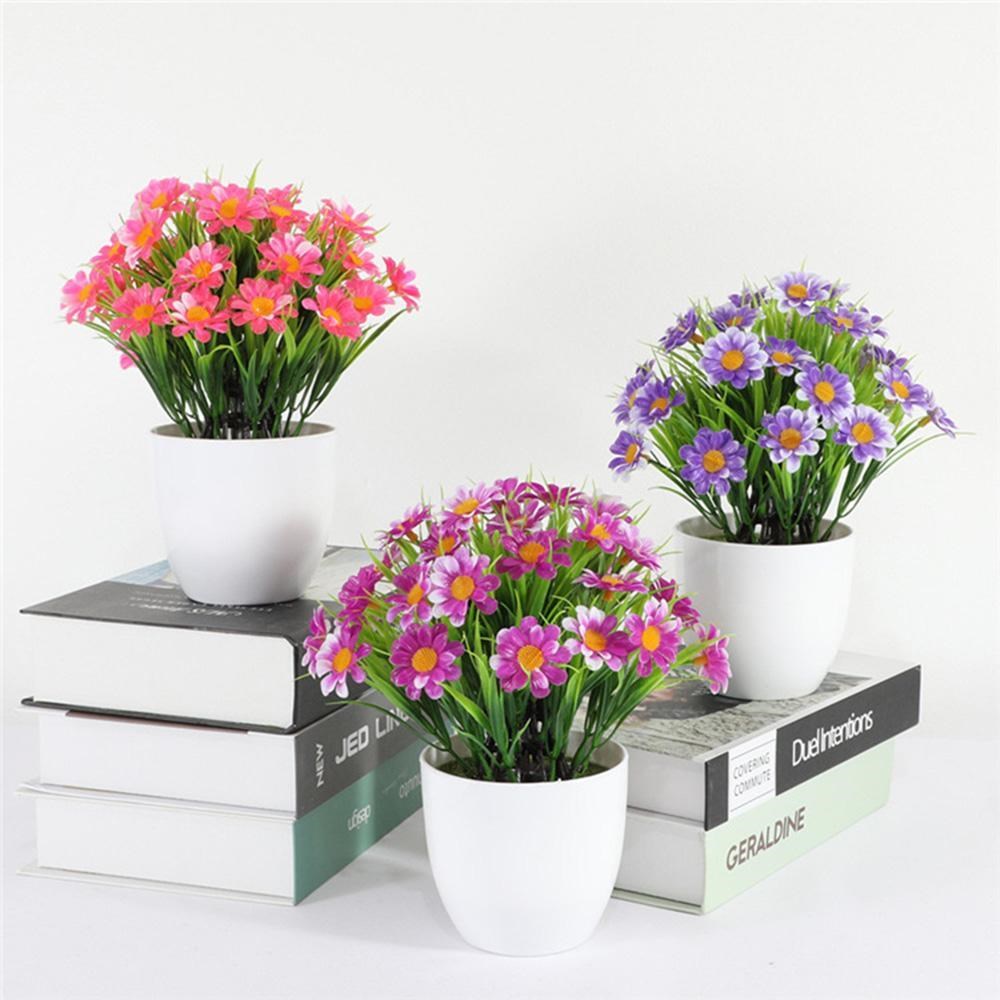 3lü Set Yapay Çiçek Papatya Beyaz Saksıda Karışık Renkler