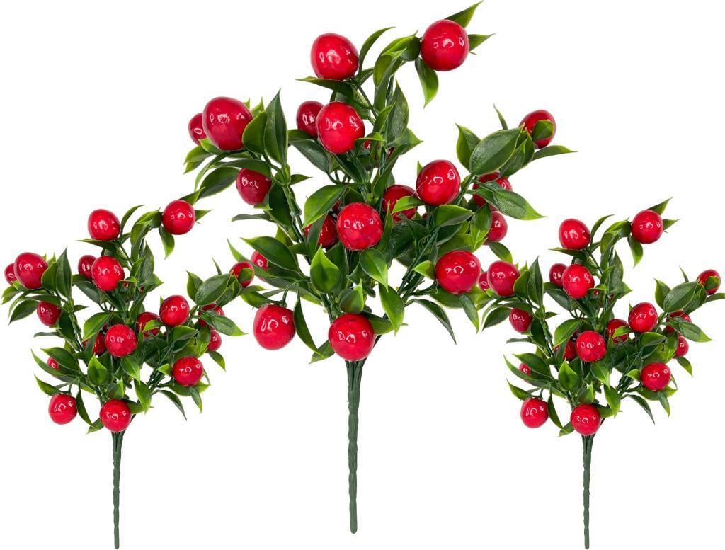 3lü Set Yapay Kiraz Demeti Yapay Çiçek 30*20cm Yeşil Yapraklı 