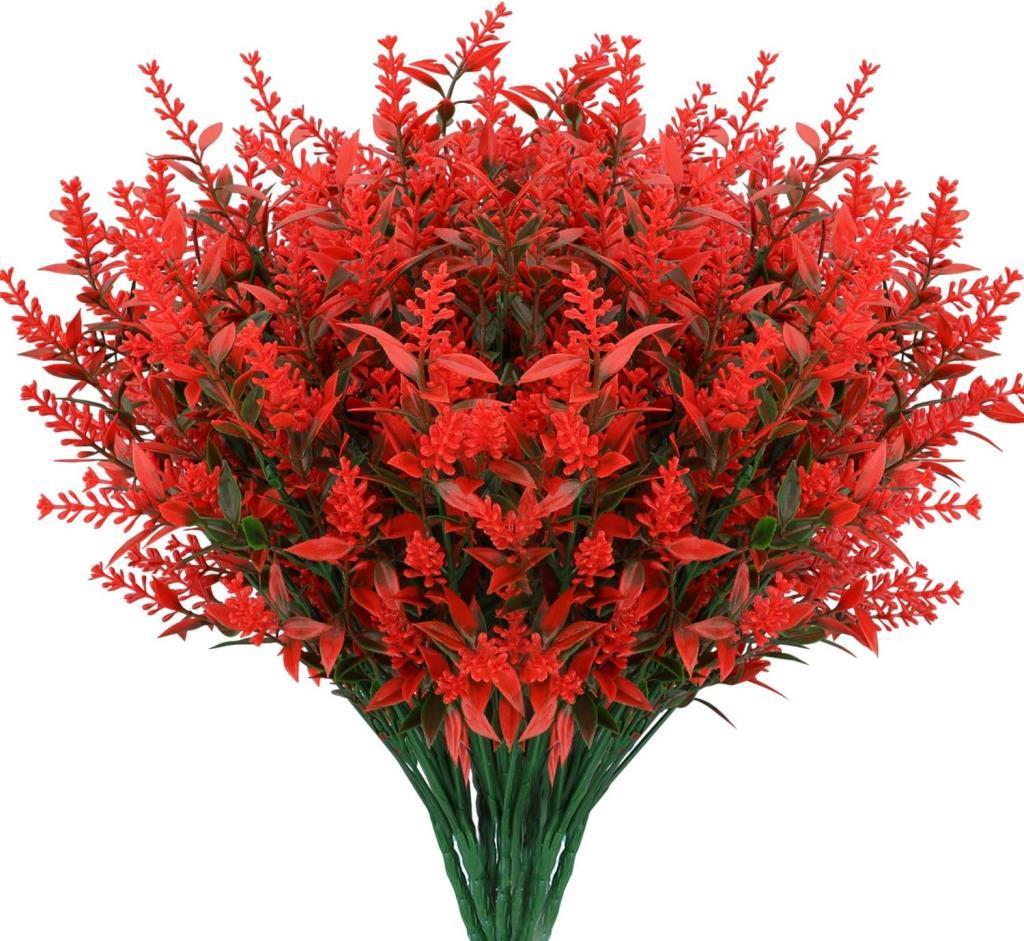 6lı Set Yapay Çiçek Kırmızı Lavanta 7 Dallı Plastik Dekoratif Yapay Bitki