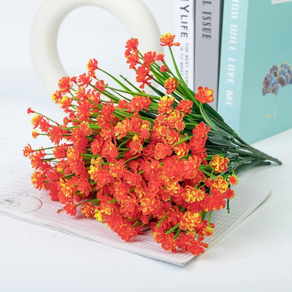 6lı Set Yapay Çiçek Sazlı Lotus Turuncu Renk 7 Dal Plastik  30cm 