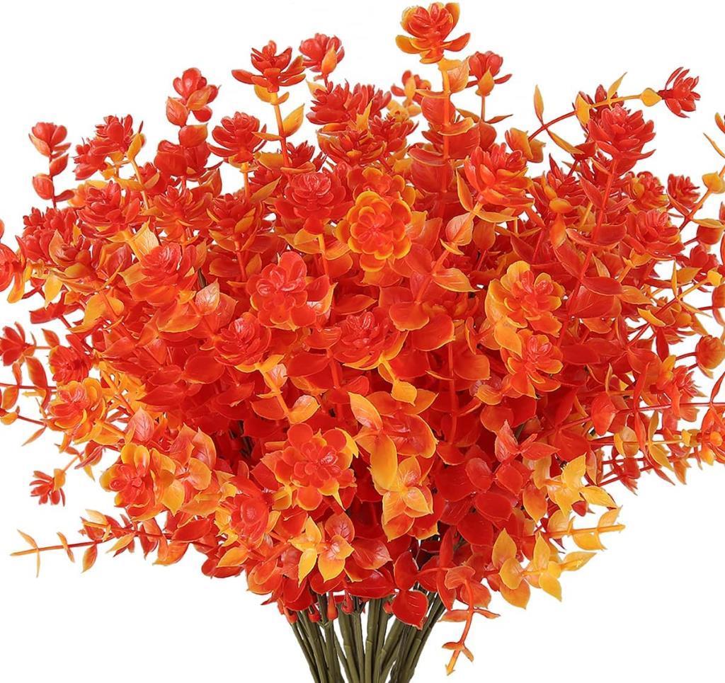 6lı Set Yapay Çiçek Tam Turuncu Mineli Şimşir Lotus 7 Dallı Plastik Dekoratif Yapay Bitki