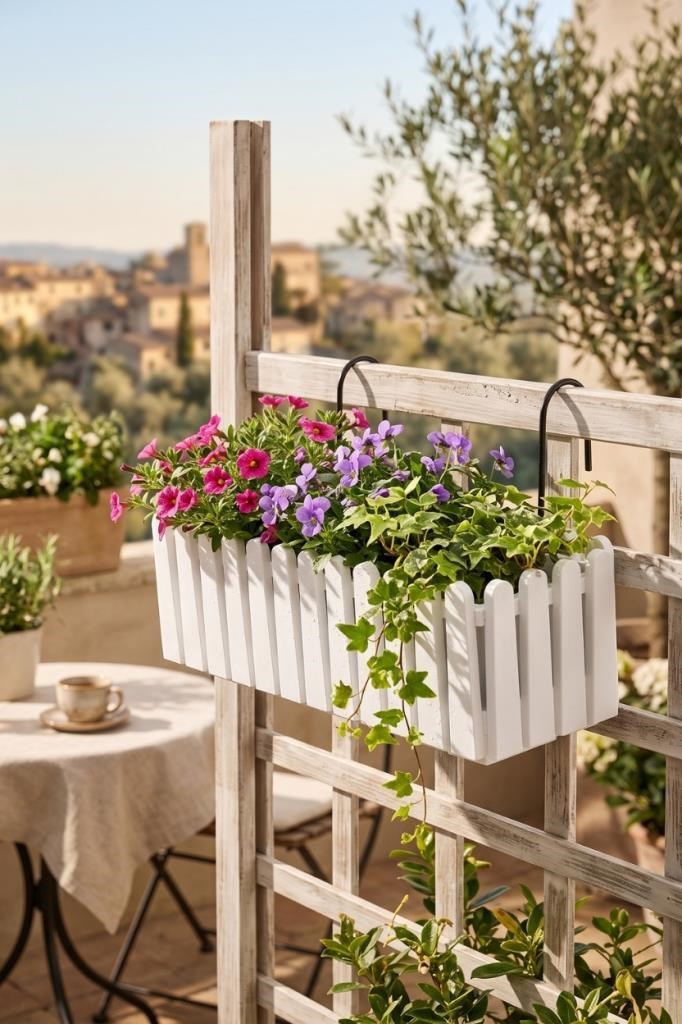Balkon Saksısı Çit Saksı BEYAZ Renk Metal Askı Aparatlı Dekoratif Balkon Saksı 9lt  53cm ib02
