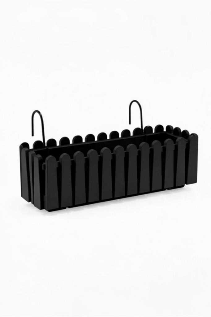 Balkon Saksısı Çit Saksı SİYAH Renk Metal Askı Aparatlı Dekoratif Balkon Saksı 9lt  53cm ib02