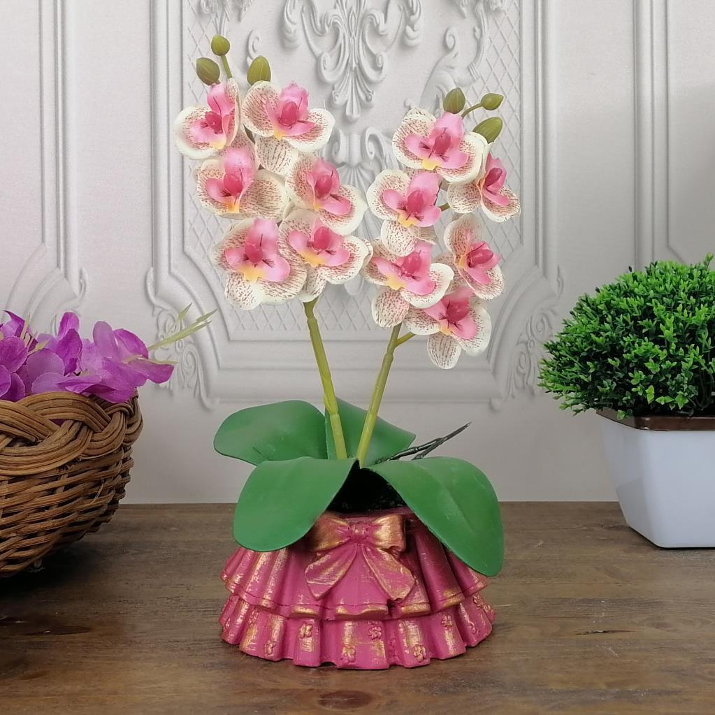 Beton Saksılı Yapay Orkide Pileli Etek Saksılı Pembe Açık Mini Yapay Orkide