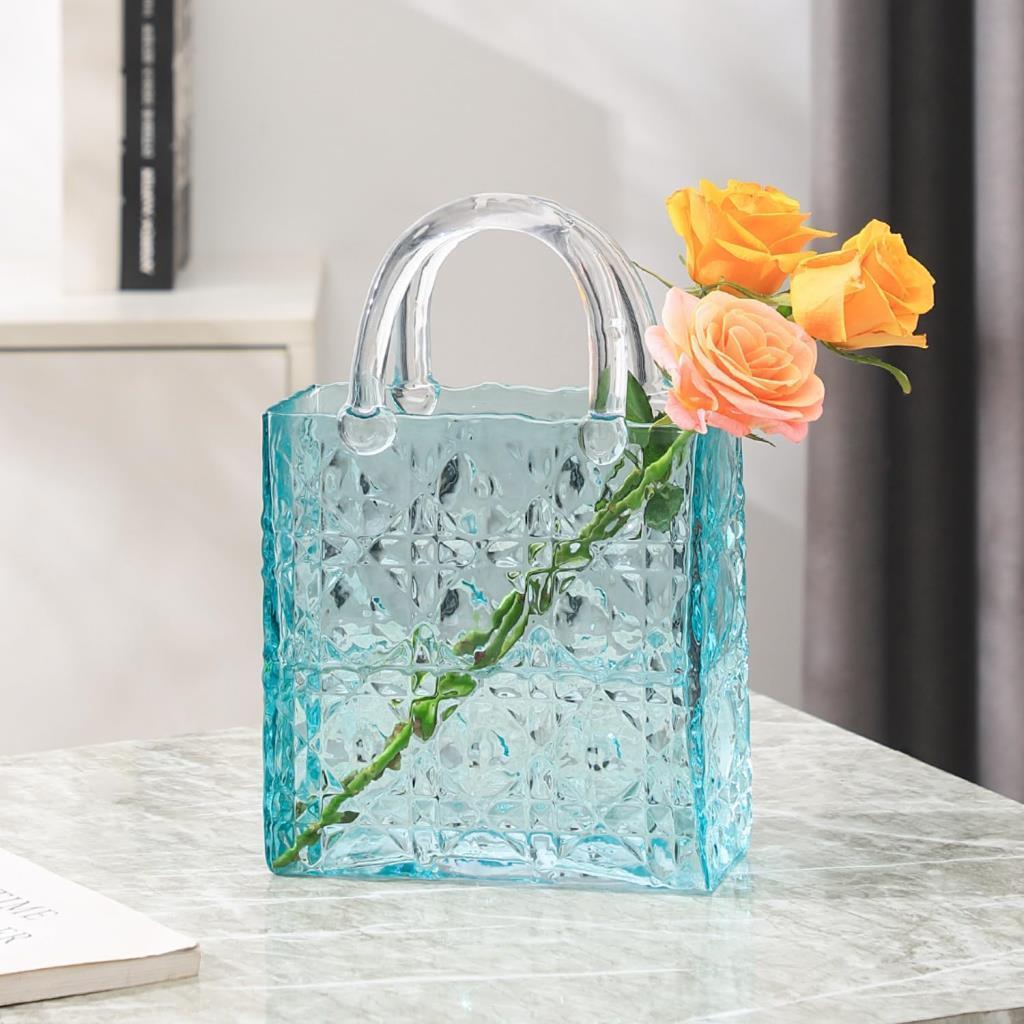 Çanta Vazo Köşeli Model Cam Çiçek Vazosu Dekoratif Mavi Vazo Büyük Boy Glass Bag Vase