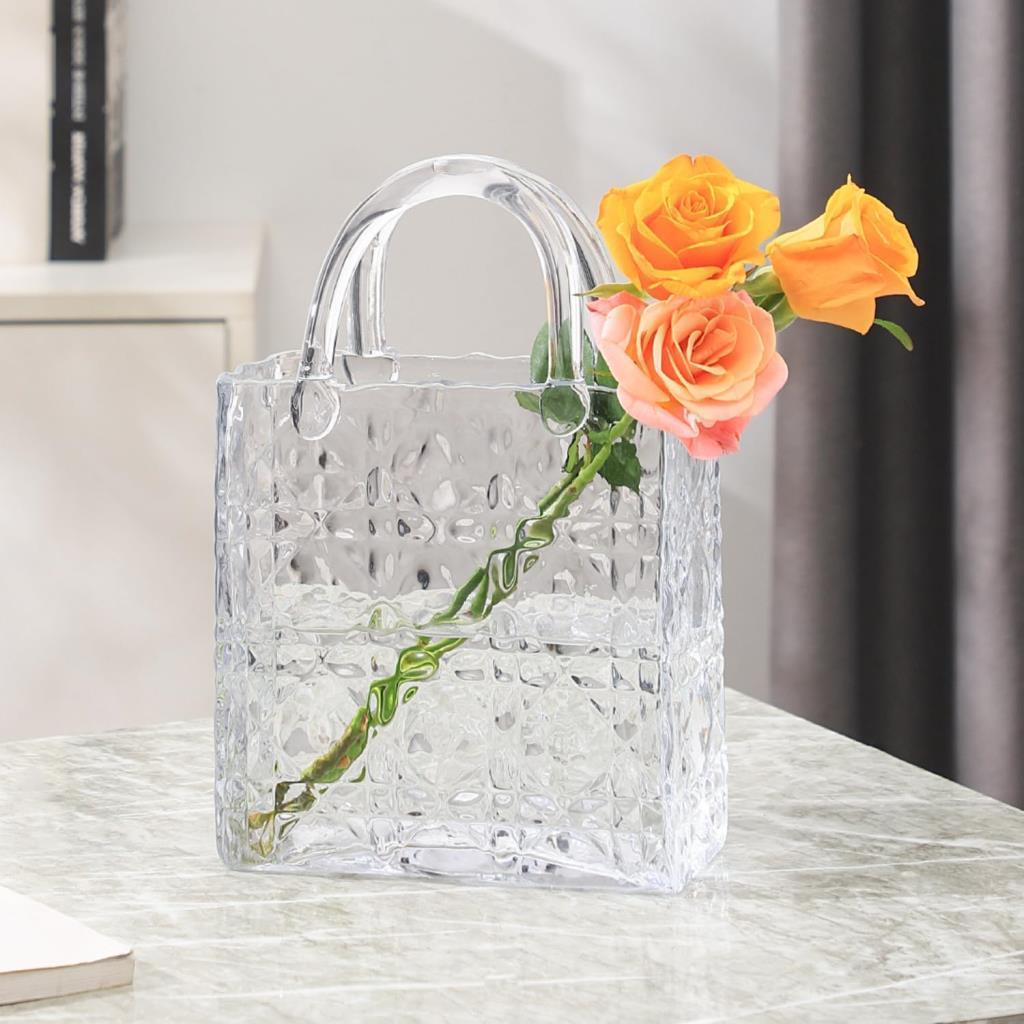 Çanta Vazo Köşeli Model Cam Çiçek Vazosu Dekoratif Şeffaf Vazo Büyük Boy Glass Bag Vase