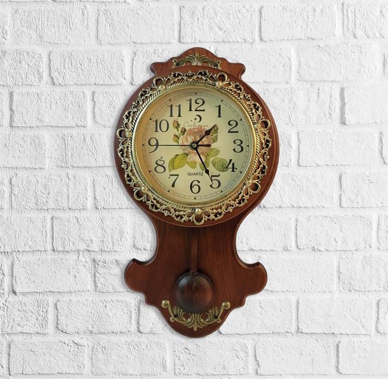 Duvar Saati Ahşap Ceviz Sarkaçlı Vintage Sırmalı Eskitme Duvar Saati