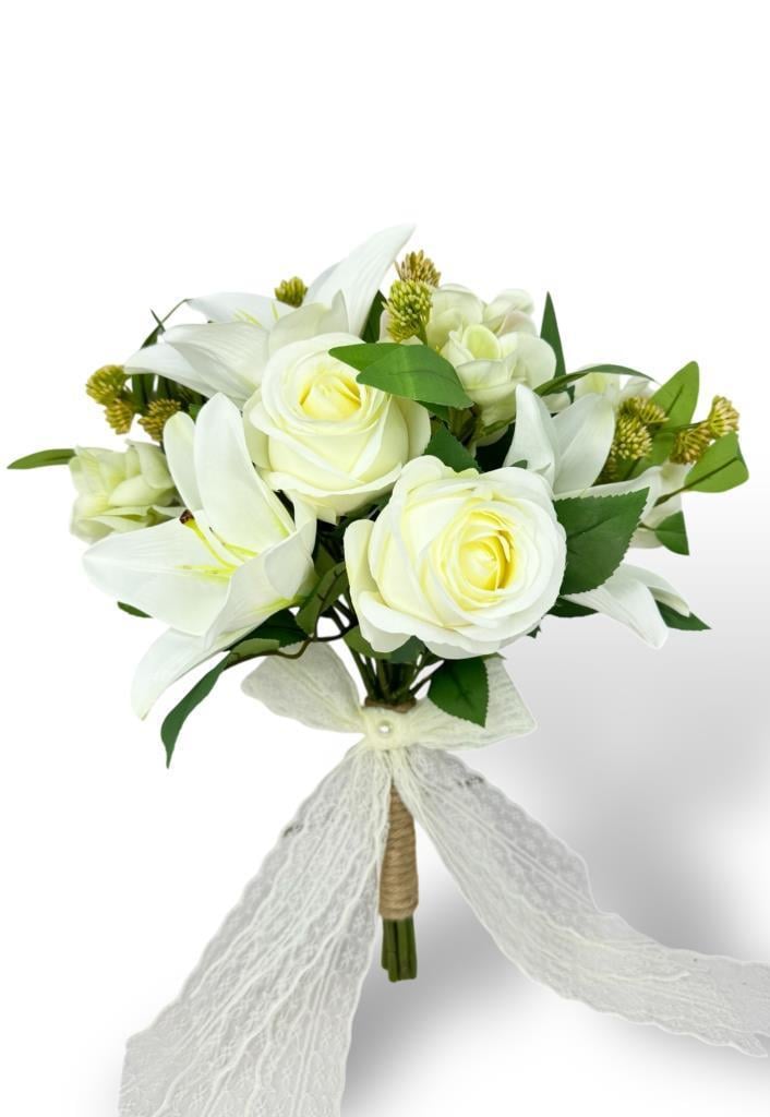 Gelin Çiçeği Yapay Çiçek Beyaz Gül Lilyum Ve Ortanca Aradallar Gelin Buketi