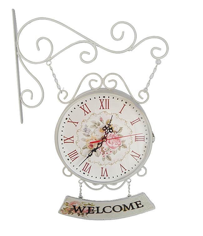 İstasyon Saati Çift Taraflı Metal Welcome Tabelalı Beyaz 