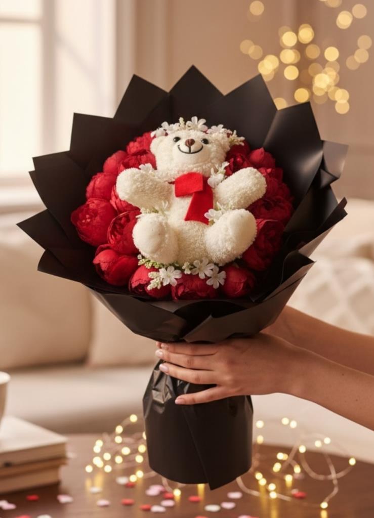Sevgililer Günü Hediye Yapay Çiçek Kırmızı Şakayık Beyaz Peluş Ayıcıklı Buketi Sevgiliye Hediye