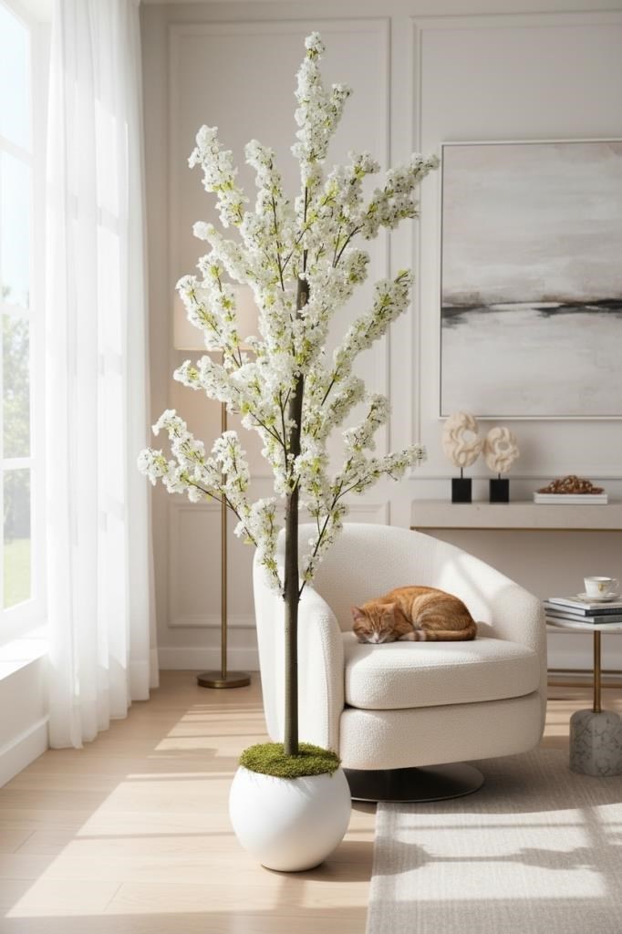 Yapay Ağaç Bahardalı Ağacı Beyaz Küre Saksıda Japon Kiraz Çiçeği Beyaz Renkli 170*60cm
