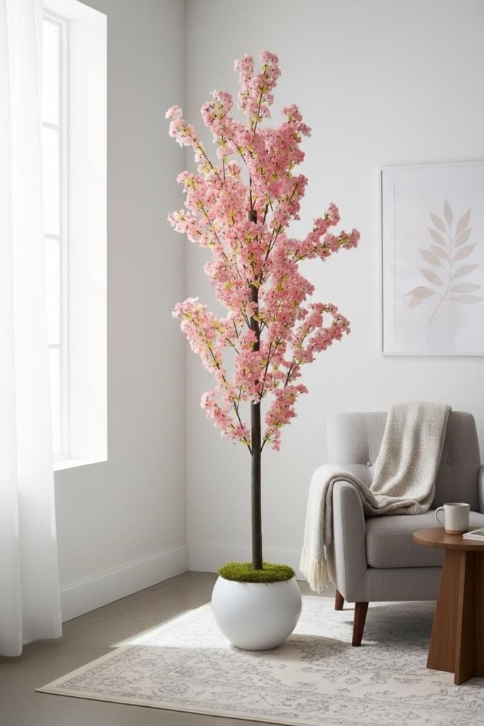 Yapay Ağaç Bahardalı Ağacı Beyaz Küre Saksıda Japon Kiraz Çiçeği Pembe Açık Renkli 170*60cm