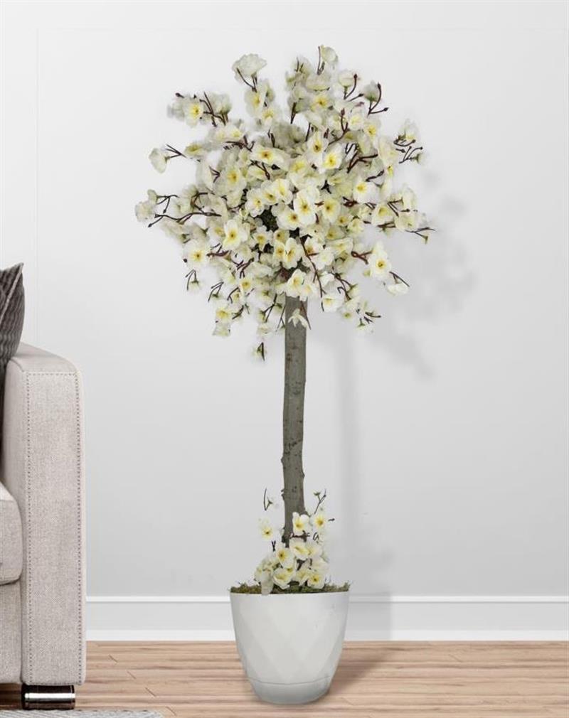 Yapay Ağaç Beyaz Bahar Dalı Japon Kiraz Çiçeği Beyaz Saksılı 90cm